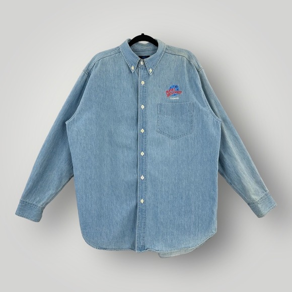 planet hollywood Other - Vintage‎ 90s Planet Hollywood Orlando Blue Denim Shirt Mens L Made in USA